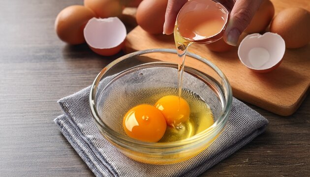 fresh egg cracking and pouring egg yolk into glass bowl for cooking preparation