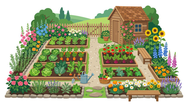 Vibrant cartoon vegetable garden with shed and flowers