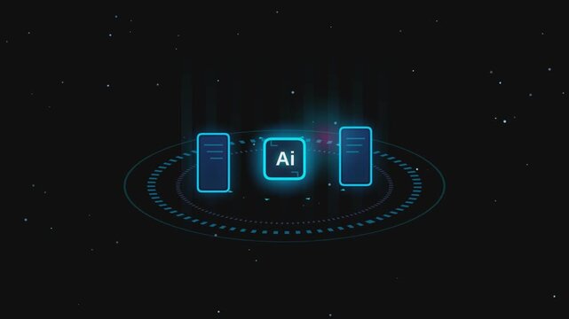Glowing artificial intelligence interface displaying server towers with digital data motion in a dark futuristic space
