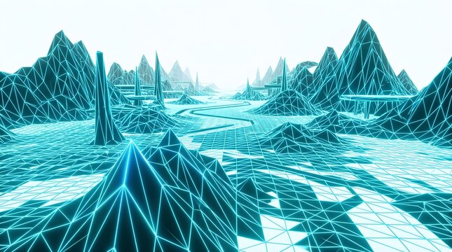 Futuristic Cyan Wireframe Virtual Reality Landscape and Canyon Path