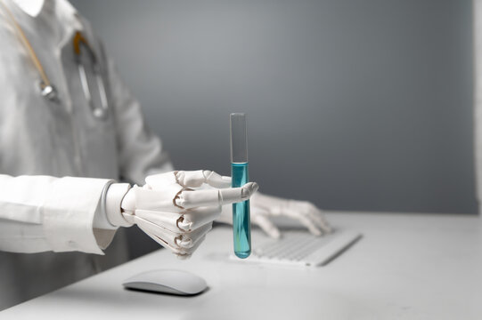 Close-up Robot Hand Holding Flask with Blue Liquid for AI Scientific Research Concept