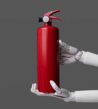 Close-up Robot Hand Holding Red Fire Extinguisher for AI Safety Concept
