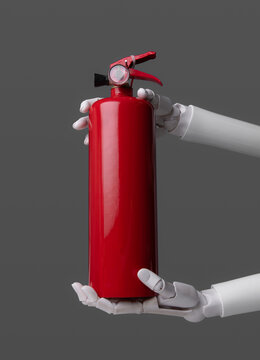 Close-up Robot Hand Holding Red Fire Extinguisher for AI Safety Concept