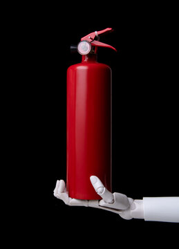 Close-up Robot Hand Holding Red Fire Extinguisher for AI Safety Concept