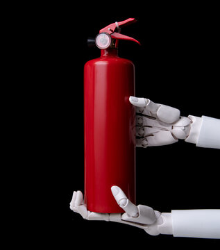 Close-up Robot Hand Holding Red Fire Extinguisher for AI Safety Concept