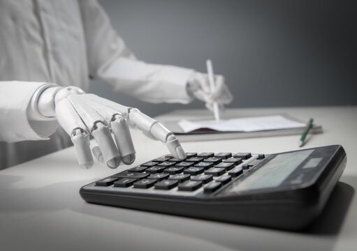 Close-up Robot Hand Pressing Calculator Buttons for AI Accounting Concept