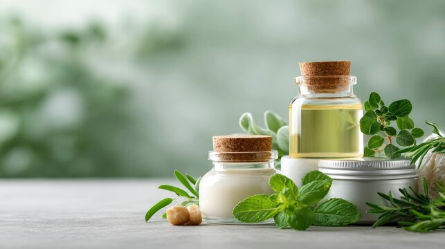 Natural herbal skincare products with plant extracts and essential oils on gray background