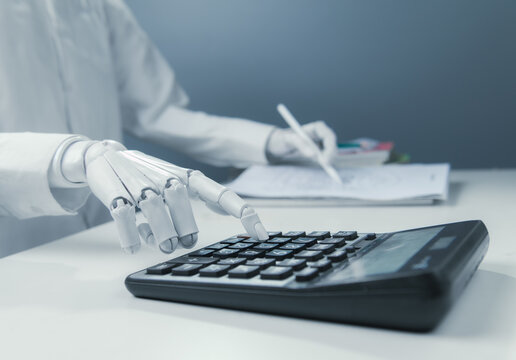 Close-up Robot Hand Pressing Calculator Buttons for AI Accounting Concept