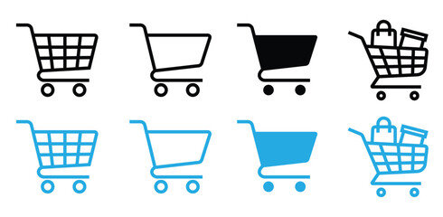 Set of shopping cart line art icons for e commerce and retail with shopping. Full and empty shopping cart symbol, shop and sale, vector illustration. © Arvix