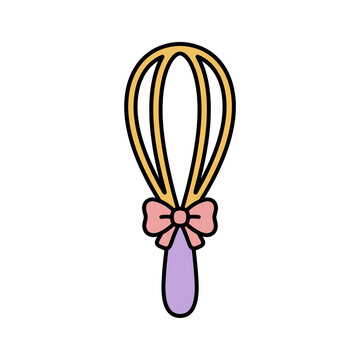 Cute and kawaii pastel of a bakery whisk with a pink bow, flat vector kitchen tool illustration