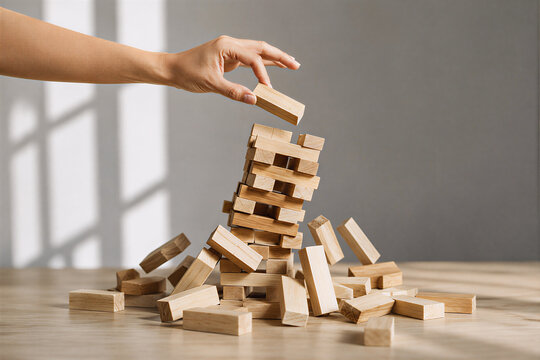 Hand removing wooden block from stacking tower for risk management and business strategy concept