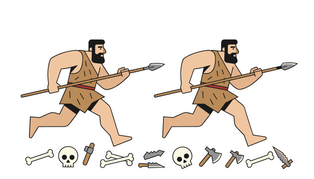 Caveman hunters running with spears and prehistoric stone tools bones skulls and daggers isolated on white background.