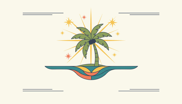 Retro style palm tree island icon on a floating sea platform with sunburst star rays on light beige background.