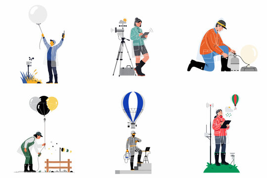 Vector illustrations of meteorologists and climate scientists conducting atmospheric research, monitoring weather patterns, and launching weather balloons with specialized field equipment.