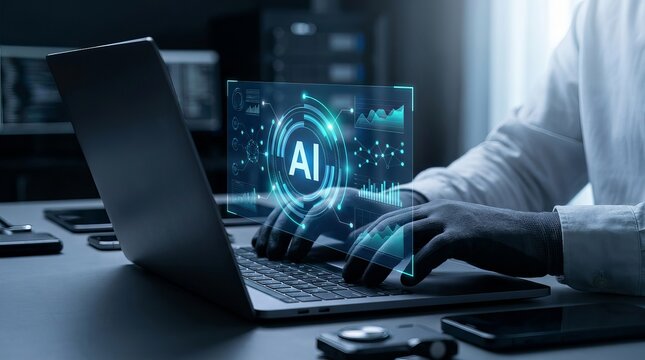 A professional software developer working on a laptop computer with a futuristic holographic interface displaying artificial intelligence data and complex digital network code