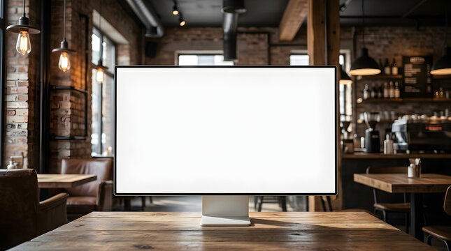 Modern Computer Monitor Displaying Blank White Screen on a Rustic Wooden Table in a Cozy Cafe Environment with Blurred Background Interior Lighting and Seating Arrangements