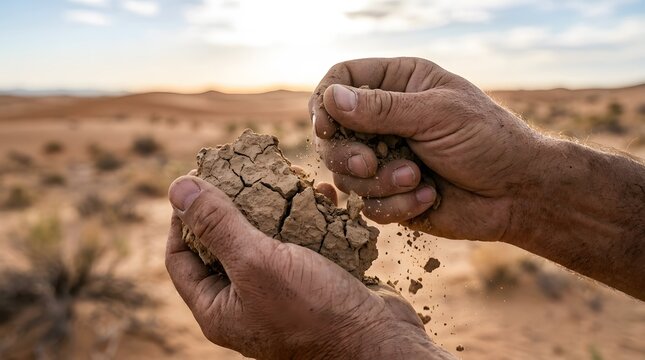 Hands holding dry cracked soil. Farmer examining parched earth during a severe drought.
