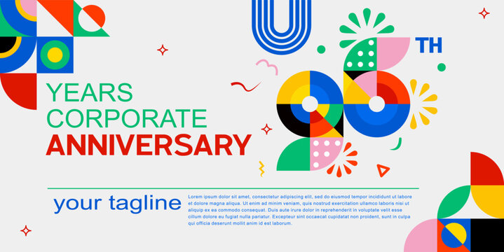 96th Colorful geometric corporate anniversary banner template with bold typography and abstract shapes design. Ditable color and file.