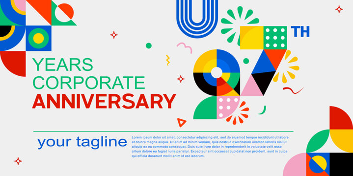 97th Colorful geometric corporate anniversary banner template with bold typography and abstract shapes design. Ditable color and file.