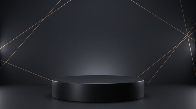 Black product podium with subtle gold frame background and broad copy space, generative AI
