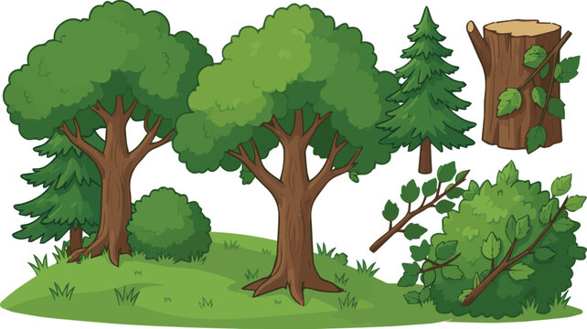 Tree and bush with leaf wood bark set including pine fir oak elm and ash. Green plant for wild park land or hill shrub with grass and branch. Flat vector clip art pack for game map mark in toon style 