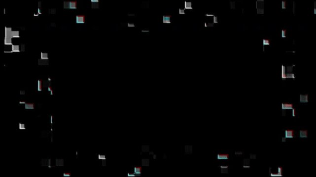 Digital glitch frame overlay with center copy space for text title. Cyberpunk distorted border animation for tech video presentation. Abstract RGB pixel noise effect overlay for gaming intro template