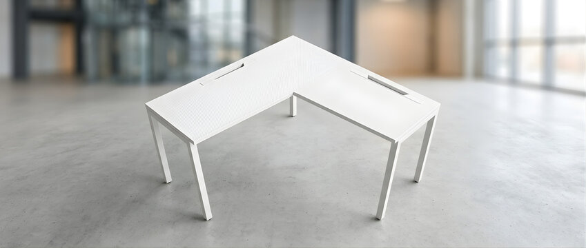 Modern L Shaped Desk with Pixelated Design Accent in Contemporary Office Space with Blurred Background