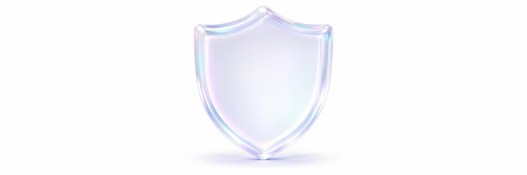 Abstract iridescent glass shield shape on white background