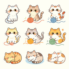 Fototapeta premium Sweet Tabby Kittens Playing With Yarn and Sleeping Peacefully Together