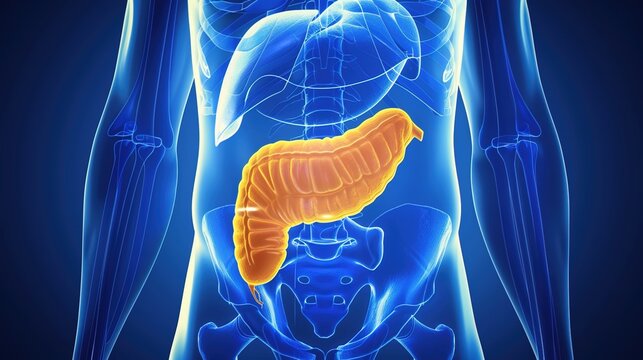 Pancreas Anatomy Medical Illustration Showing Detailed Human Pancreatic Structure, Digestive System Location, Endocrine Function, Insulin Production and Anatomical Features