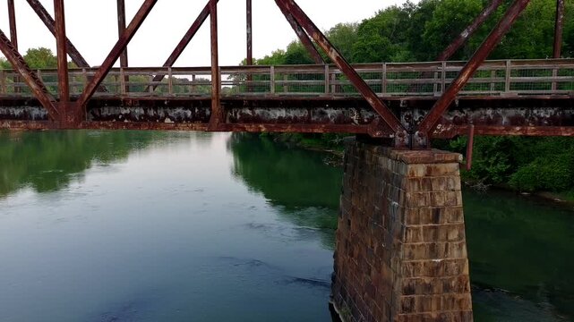 Drone View of Rails to Trails railroad bridge over the Broad River in South Carolina in early morning