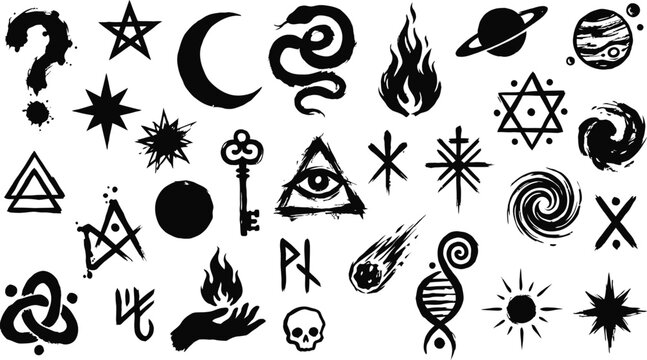 Collection of hand drawn mystical and esoteric symbols including stars planets fire and occult icons