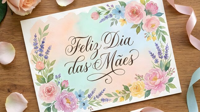 Beautiful handwritten calligraphy greeting card reading Feliz Dia das Maes on wooden background