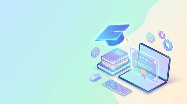 Isometric 3 d of online education with graduation cap, stack of books, laptop, keyboard, mouse, and digital certificate