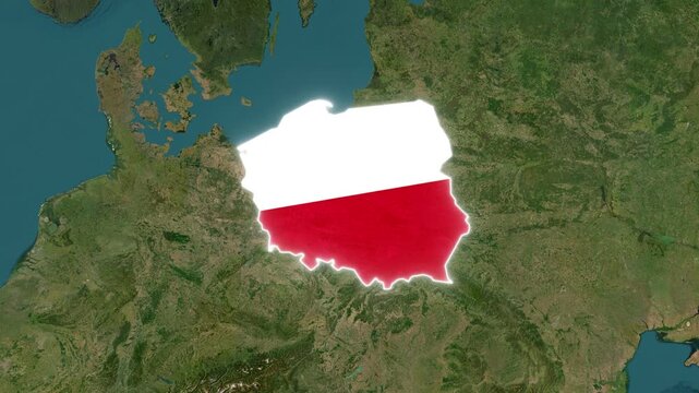 Poland Map Highlight with Animated Flag Pin on World Satellite Map