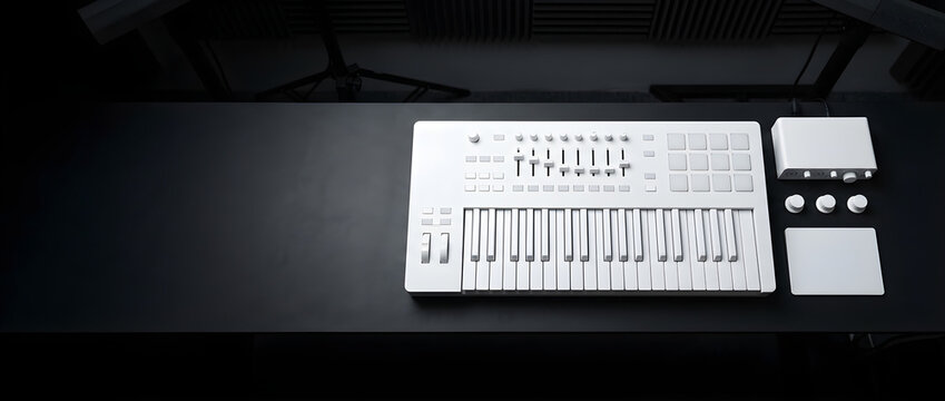 Modern White Electronic Keyboard Synthesizer Music Production Setup On A Dark Desk With Ambient Lighting