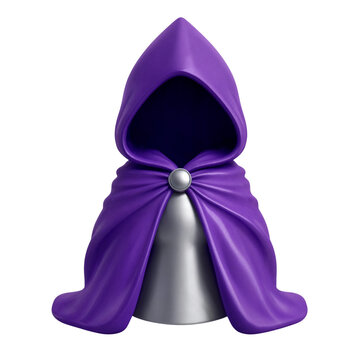 Stylized 3D rendering of a purple hooded cloak fastened with a silver clasp transparent background