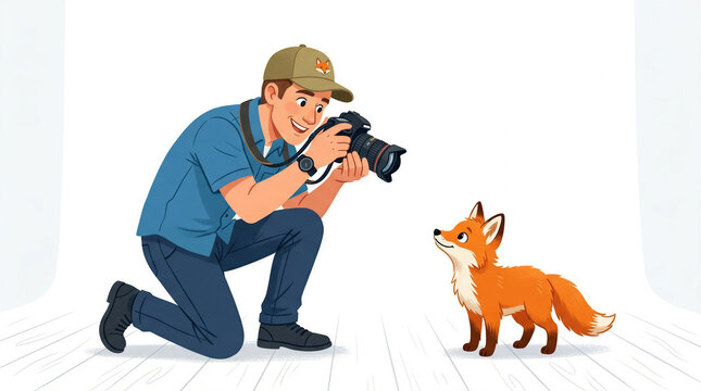 Photographer kneeling and taking a picture of a cute wild fox with photographer