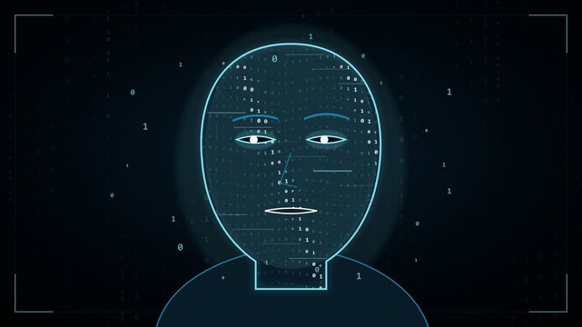 Artificial intelligence performing a facial scan on a digital human head, with binary code data processing, illustrating biometric security, identity verification and advanced technology concepts
