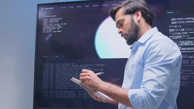 Software Developer reading note report and verifying coding on screen computer technology at office. Programmer working writing code analysis system artificial intelligence. Software engineer present
