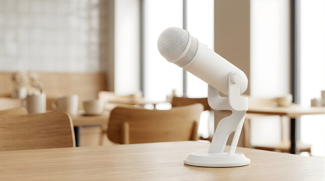 Modern White Condenser Microphone on a Wooden Table in a Cafe with Blurred Background and Natural Light Creating a Warm Ambiance for Podcasting or Streaming