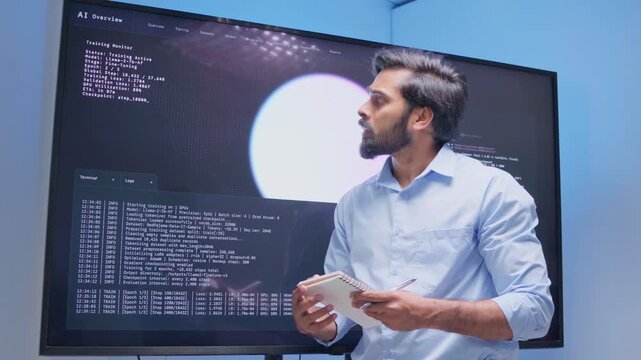 Software Developer reading note report and verifying coding on screen computer technology at office. Programmer working writing code analysis system artificial intelligence. Software engineer present