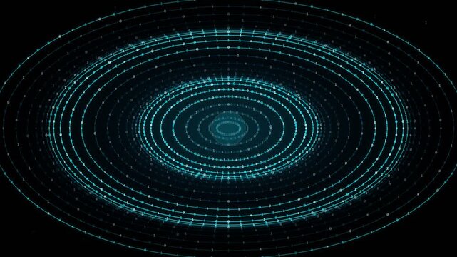 Abstract futuristic background with glowing cyan particle dots and lines forming concentric elliptical rings, creating a mesmerizing tunnel effect on a black background, representing technology