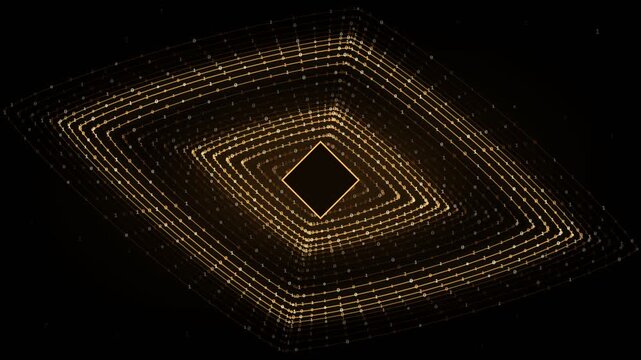 Endless spinning of a golden rhombus-shaped tunnel formed by glowing particles and binary code on a black background, representing a seamless digital and technological loop