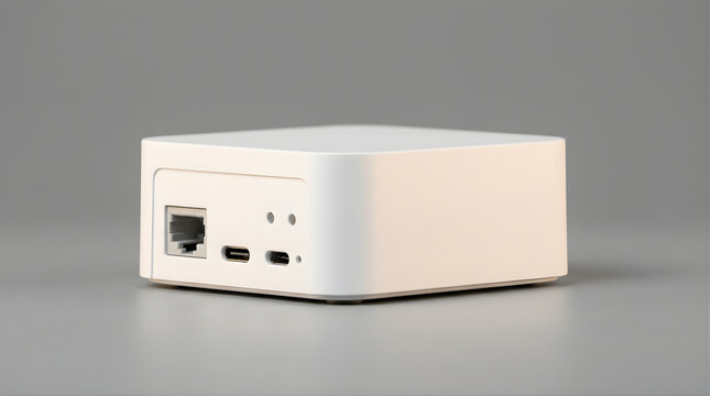 Modern White Wireless Router or Network Device with Multiple Ports Facing a Neutral Gray Background