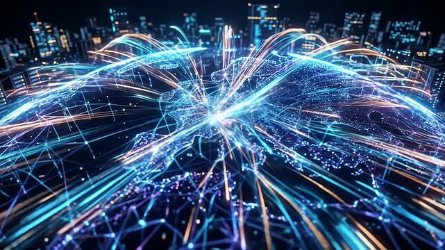 Global digital connectivity network transmitting data over a futuristic city skyline
