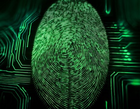a close up view of a digital fingerprint pattern illuminated with green light against a dark background intricate lines and textures ai tech merged background