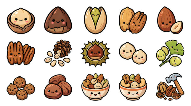 Set of cute cartoon nuts and seeds with happy faces including almond hazelnut pistachio pecan chestnut and walnut icons