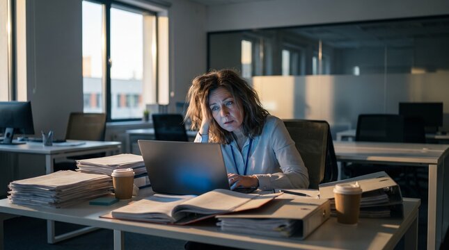Overworked Professional Woman Working Late Hours at a Desk in an Empty Dimly Lit Modern Office Setting with Piles of Paperwork and a Laptop