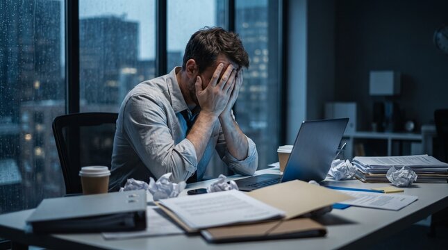 Exhausted businessman working late at night in a dark messy office feeling overwhelmed and stressed by work pressure
